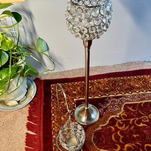 Set of 2 Silver Metal Tealight Holders 1 Clear Beaded Goblet 1 Beaded Pendant